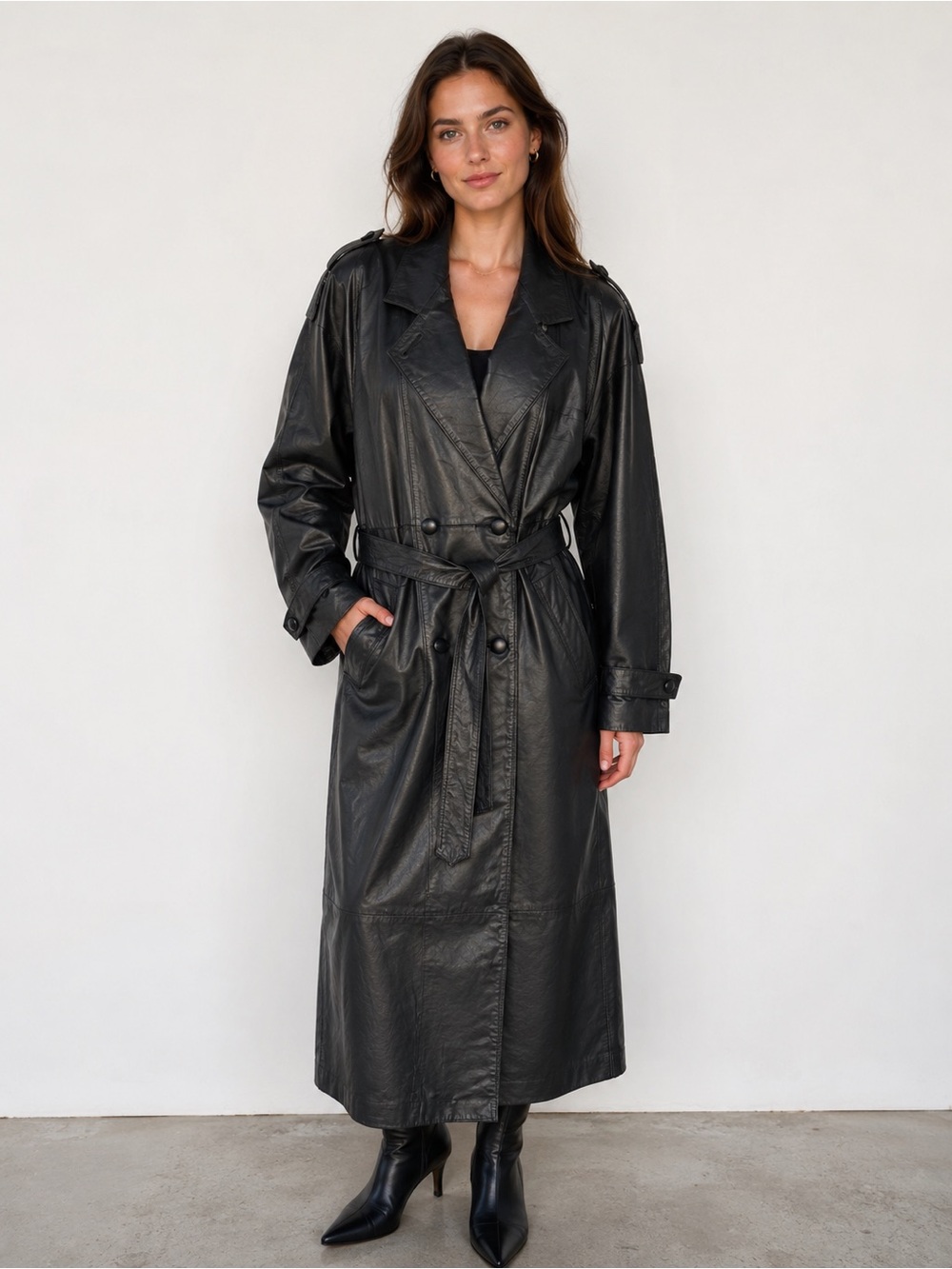 Vintage Pelle Studio Insulated Black Leather Maxi Trench Coat Y2K 90s Fall